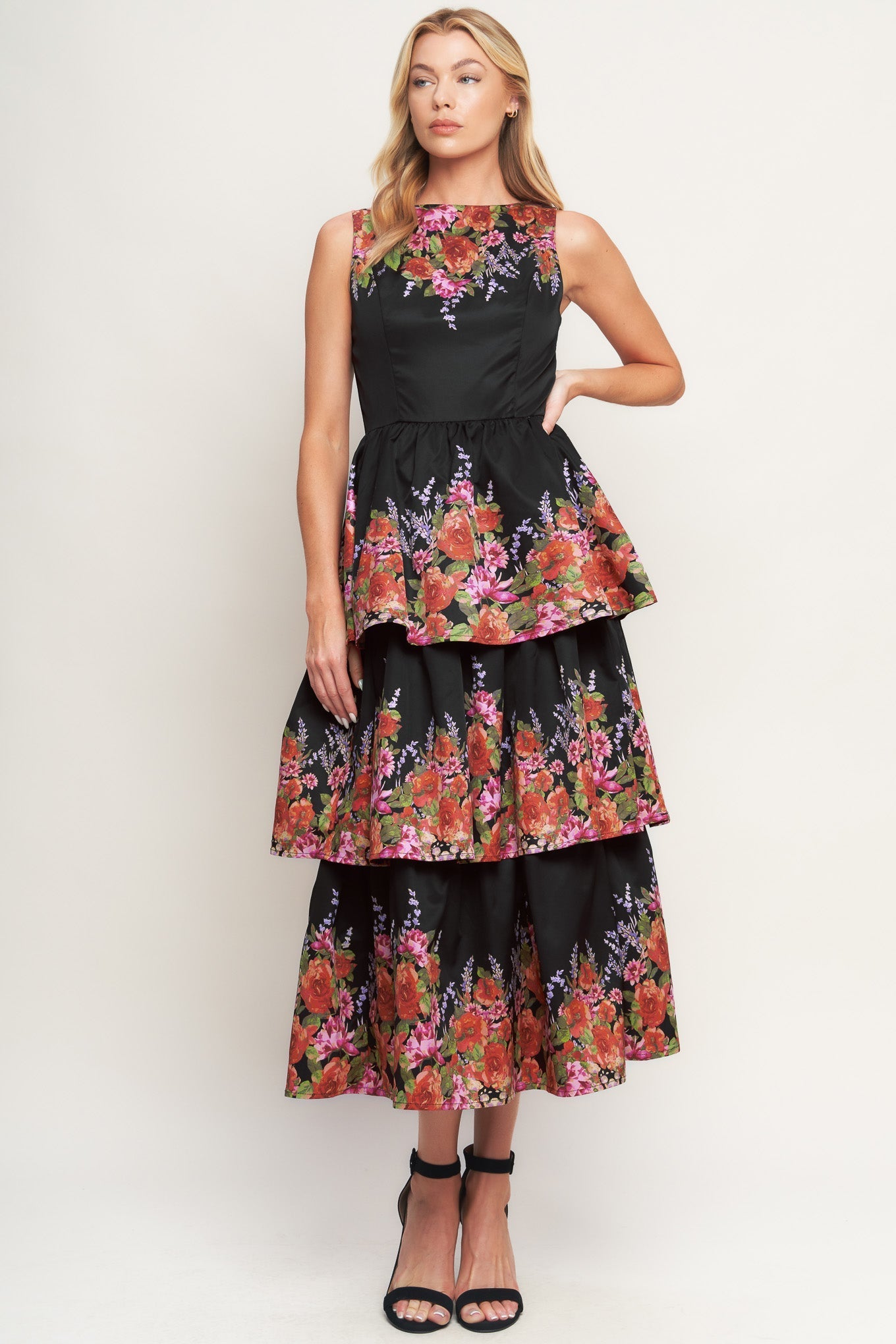 Botanical Ballgown Printed Midi Dress With Layered Skirt Flying Tomato